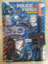 Load image into Gallery viewer, Police play set for kids. Includes 2 guns, mask, hand cuffs, eyeglasses, badge, granade.